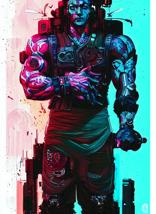 Prompt: cyberpunk gang bodybuilder by josan gonzalez splash art graphic design color splash high contrasting art, fantasy, highly detailed, art by greg rutkowski