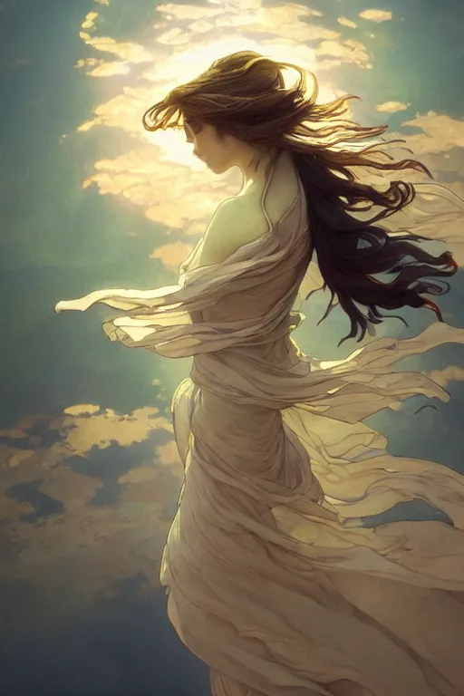 Image similar to a beautiful render of a beautiful female air sprite, wind, a beautiful face, perfectly shaded, atmospheric lighting, style of makoto shinkai, raphael lacoste, louis comfort tiffany, artgerm, karol bak, james jean, alphonse maria mucha