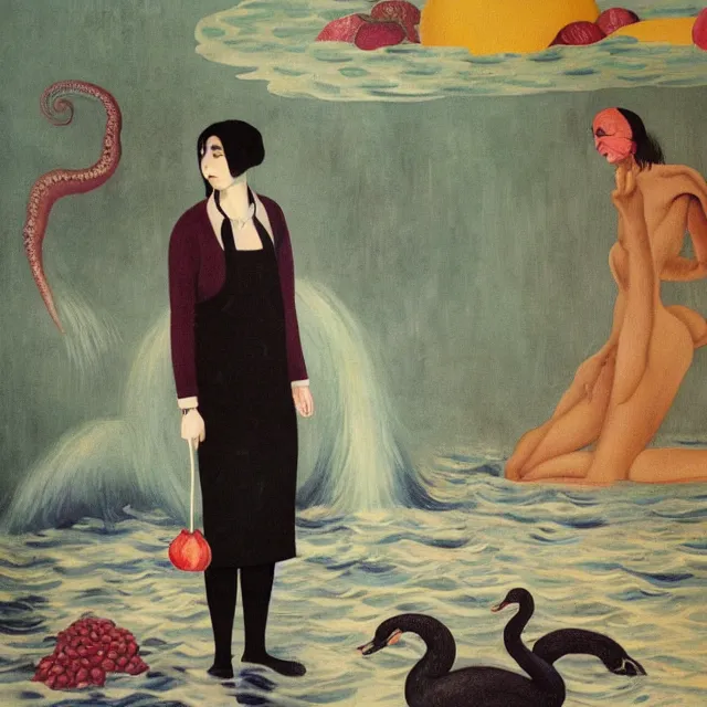 Image similar to tall emo female artist holding a pig's trotter in her flooded kitchen, pomegranates, octopus, water gushing from ceiling, painting of flood waters inside an artist's apartment, a river flooding indoors, ikebana, zen, rapids, waterfall, black swans, canoe, berries, acrylic on canvas, surrealist, by magritte and monet