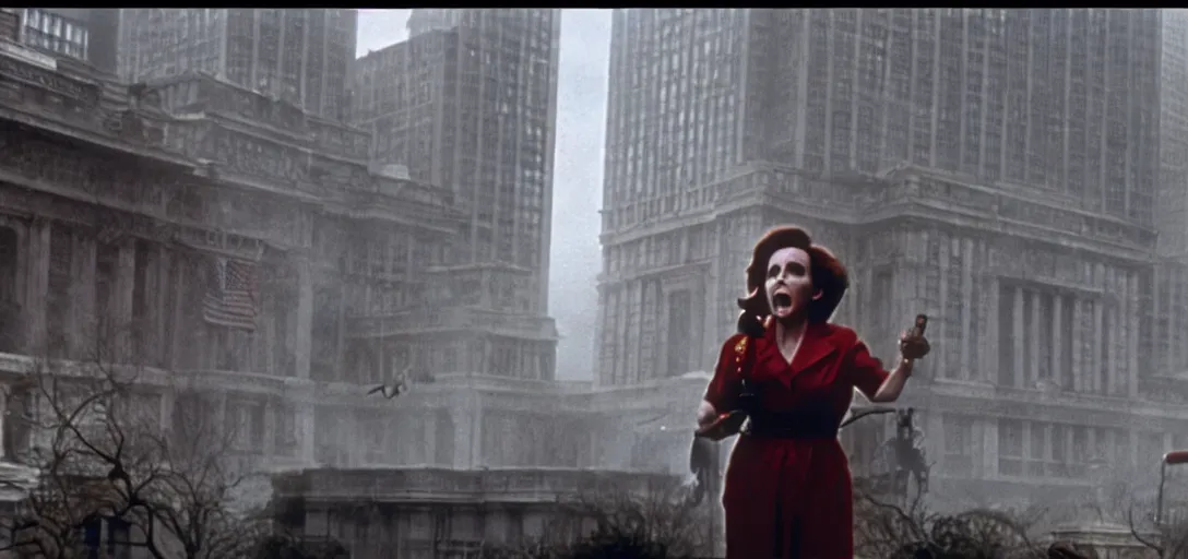 Image similar to film still of nancy pelosi as zuul in ghostbusters. on top of building with gargoyles at her side.