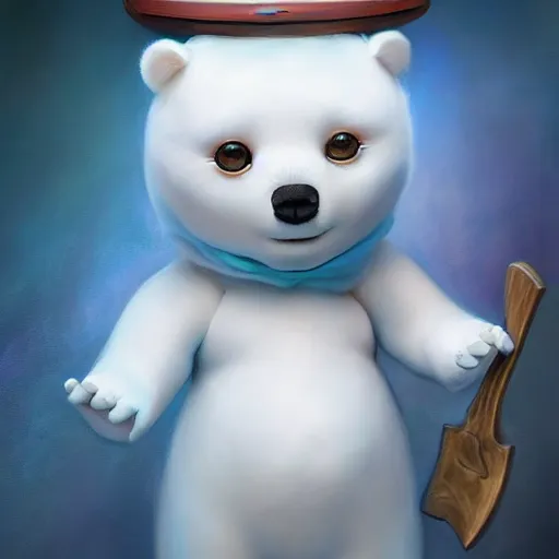 Image similar to cute porcelain doll ice bear with axe in san fransisco, mark ryden style, vivid colors, high details, cinematic, 8 k resolution, beautiful detailed, photorealistic, digital painting, dark atmosphere, artstation, concept art, smooth, sharp focus, illustration, fantasy background, artstation trending, octane render, unreal engine