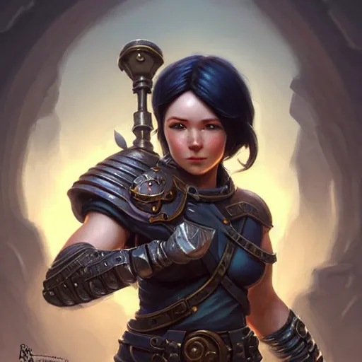 Image similar to muscular female gnome engineer artificer, metal gauntlet, short black hair, naval landscape, full body portrait, d & d, fantasy, intricate, elegant, highly detailed, digital painting, artstation, centred, rule of thirds, concept art, matte, sharp focus, illustration, cover by artgerm, art by greg rutkowski