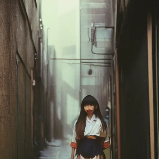 Image similar to 1990s perfect 8K HD professional cinematic photo of close-up japanese schoolgirl posing in sci-fi dystopian alleyway at morning during rain, at instagram, Behance, Adobe Lightroom, with instagram filters, depth of field, taken with polaroid kodak portra