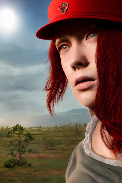Image similar to A short girl with red hair, wearing a park ranger hat, dramatic lighting, cinematic, establishing shot, extremely high detail, foto realistic, cinematic lighting, post processed, concept art, high details, cinematic, 8k resolution, beautiful detailed, photorealistic, digital painting, artstation, concept art, smooth, sharp focus, artstation trending, octane render, unreal engine