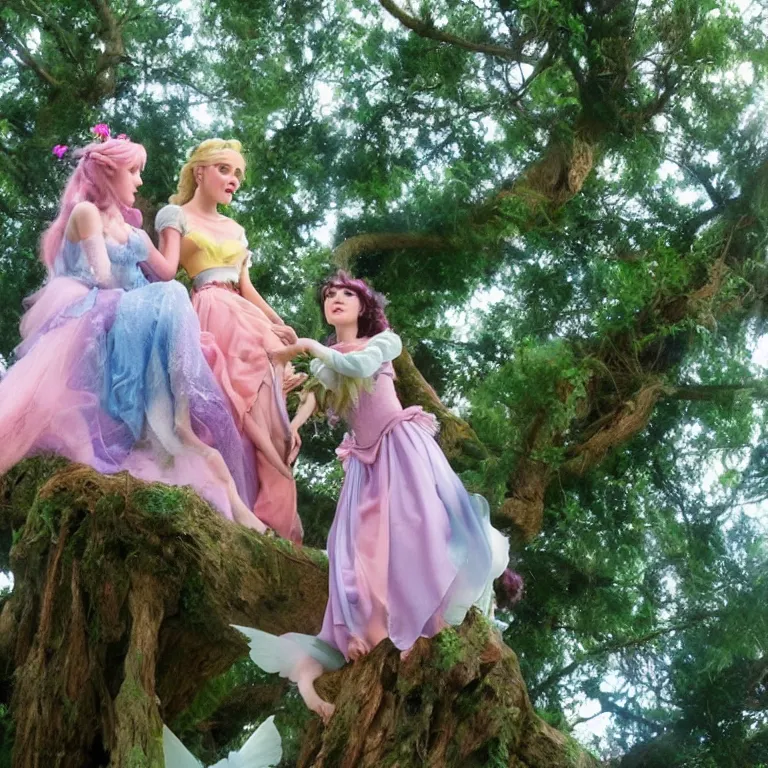 Image similar to a fairy and a disney princess having a conversation on top of a tall tree, aesthetic, pastel style, pastel coloring, beautiful angle