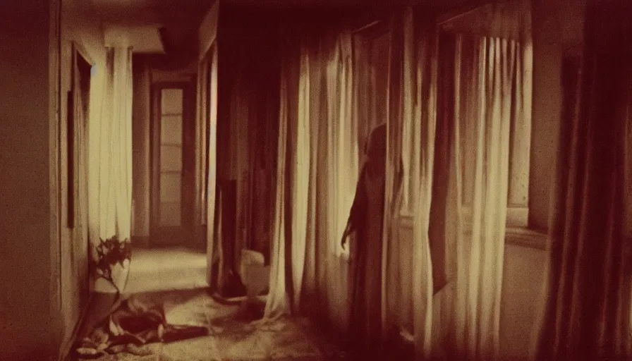 Prompt: 7 0 s film still from a horror movie about an exorcism in an old living room, kodachrome, cinecolor, cinestill, photorealism, cinematic, film grain, film texture, vhs recording