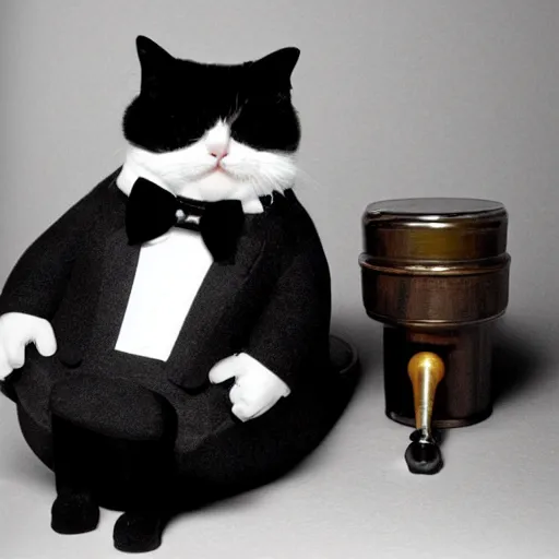 Prompt: a very fat and judgmental cat wearing a full tuxedo, smoking a pipe, sitting in a dimly lit parlor lounge, photograph