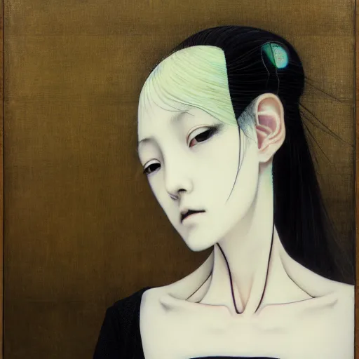 Image similar to yoshitaka amano blurred and dreamy realistic three quarter angle portrait of a young woman with white hair and black eyes wearing dress suit with tie, junji ito abstract patterns in the background, satoshi kon anime, noisy film grain effect, highly detailed, renaissance oil painting, weird portrait angle, blurred lost edges