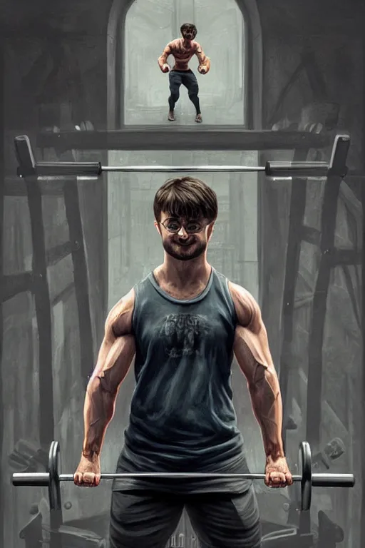 Image similar to highly detailed rendering of Daniel Radcliffe as Harry Potter doing barbell back squats, dingy workout gym, wearing a muscle tee shirt, muscular deep squats, symmetrical, highly detailed, digital painting, artstation, concept art, smooth, sharp focus, illustration, cinematic lighting, art by artgerm and greg rutkowski and alphonse mucha