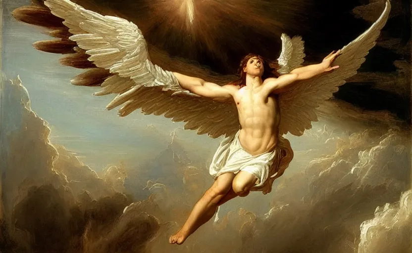 Image similar to a beautiful male angel wearing white angelic clothes flying among heaven and hell painted by thomas cole