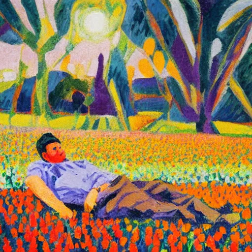 Image similar to Portrait of a man lying in a field of tulips by Robert Delaunay, colorful, hopeful, detailed, sunrise, light colors