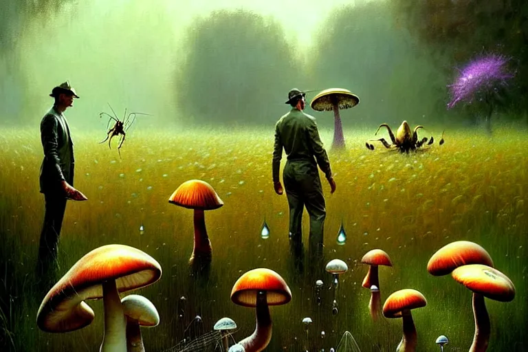 Prompt: surreal painting by craig mullins and greg rutkowski, water drops + garden flowers + poison mushrooms + long grass + garden dwarfs repairing giant mosquito, 7 0's vintage sci - fi style, rule of third!!!!, cinematic