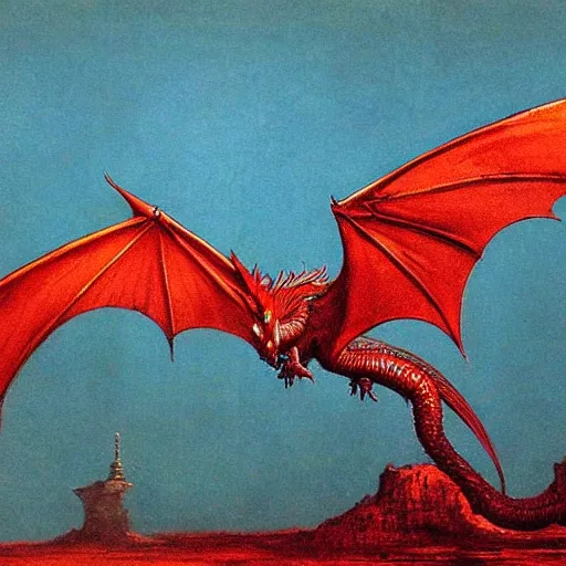 Image similar to red dragon concept, dragon head, dragon body, wings on the back, beksinski