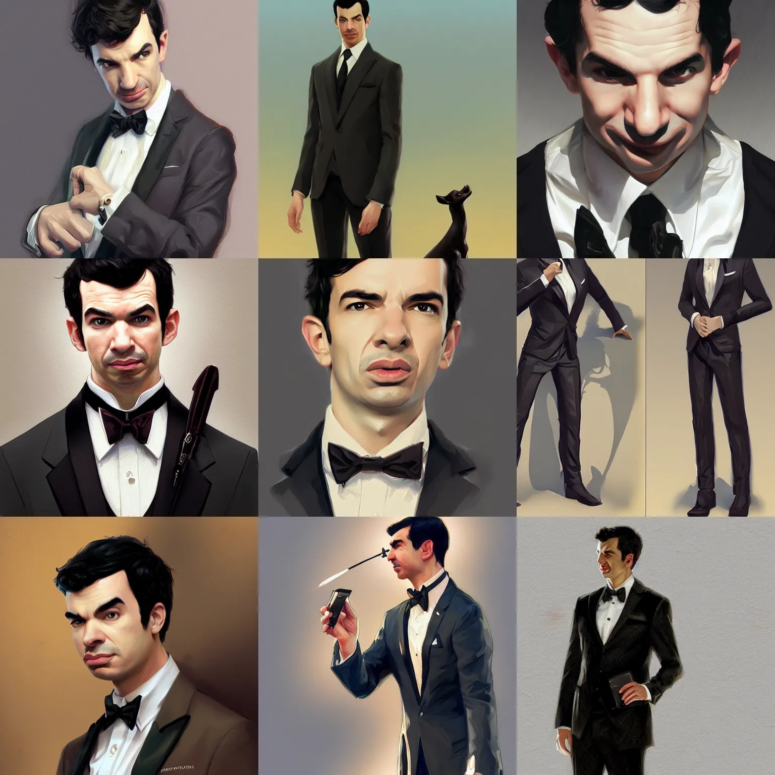 Prompt: Nathan Fielder, tuxedo, highly detailed, digital painting, artstation, concept art, sharp focus, illustration, art by artgerm and greg rutkowski and alphonse mucha