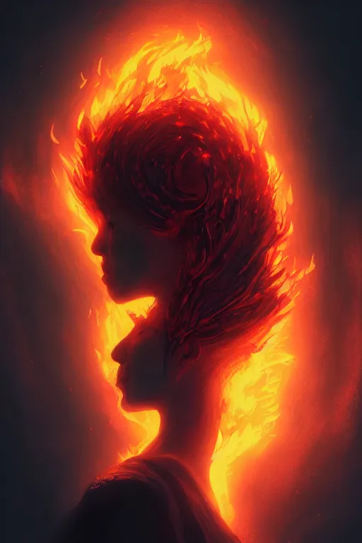 Image similar to a head and shoulder portrait of a goddess women engulfed in deep coloured flames by Greg Rutkowski, Sung Choi, Mitchell Mohrhauser, Maciej Kuciara, Johnson Ting, Maxim Verehin, Peter Konig, Bloodborne , 8k photorealistic, cinematic lighting, HD, high details, atmospheric , trending on artstation