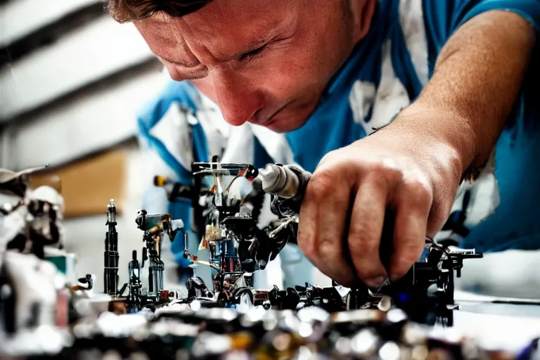 Image similar to cinematography closeup portrait of a Man soldering repairing robot parts in his garage by Michael Bay