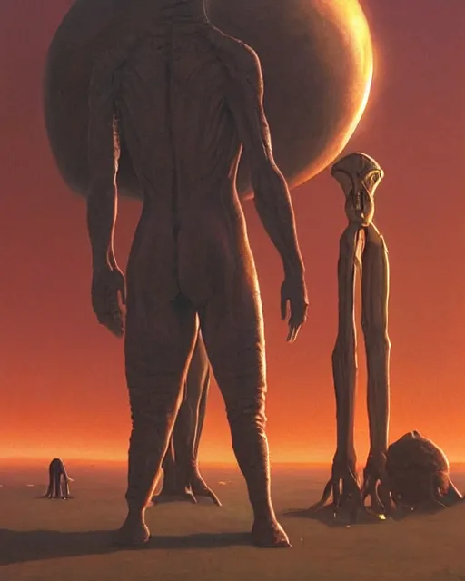 Image similar to a painting of a man standing in front of a giant alien, poster art by les edwards and by ralph mcquarrie and by peter elson, cgsociety, space art, lovecraftian, cosmic horror, poster art