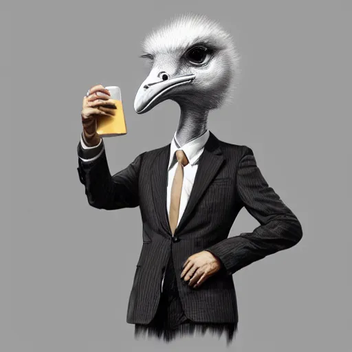 Prompt: an ostrich wearing a suit , made by Stanley Artgerm Lau, WLOP, Rossdraws, ArtStation, CGSociety, concept art, cgsociety, octane render, trending on artstation, artstationHD, artstationHQ, unreal engine, 4k, 8k,