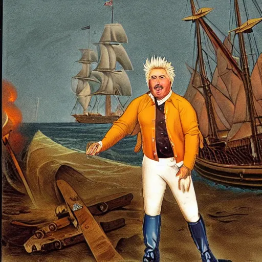 Image similar to guy fieri as a shipwreck survivor, 1 8 0 0 s color engraving by paul revere