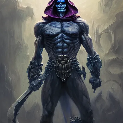 Prompt: skeletor, masters of the universe, dim light, front game card, marvel comics, dark, intricate, highly detailed, smooth, artstation, digital illustration by ruan jia and mandy jurgens and artgerm and wayne barlowe and greg rutkowski and zdislaw beksinski, and adi granov