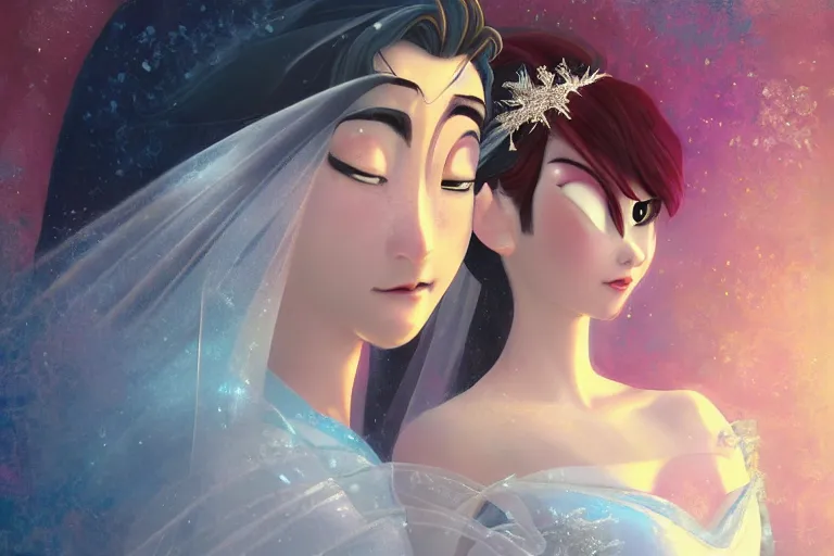 Image similar to a cinematic portrait of wedding photograph jpeg close up moment of a divine a japan sun god and moon goddess lovers magician at a wedding banquet. portraiture. digital painting. artstation. concept art. wedding photo. illustration. frozen ii art masterpiece by art by krenz cushart