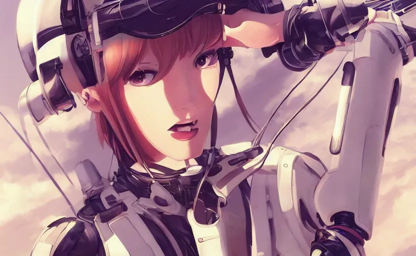 Prompt: pilot girl in her airplane, cyborg parts, anime style, occlusion shadow, specular reflection, rim light, unreal engine, range murata, artstation, pinterest, art by hiroaki samura and ilya kuvshinov and rossdraws, intricate, highly detailed 8 k, art deco illustration, extremely beautiful shape of face, neck, shoulders eyes