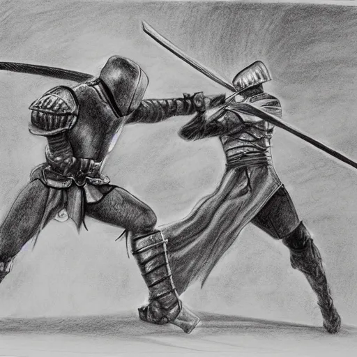 Image similar to hero fighting against two swordsmen in the middle of an arena, pencil art, added detail, high definiton