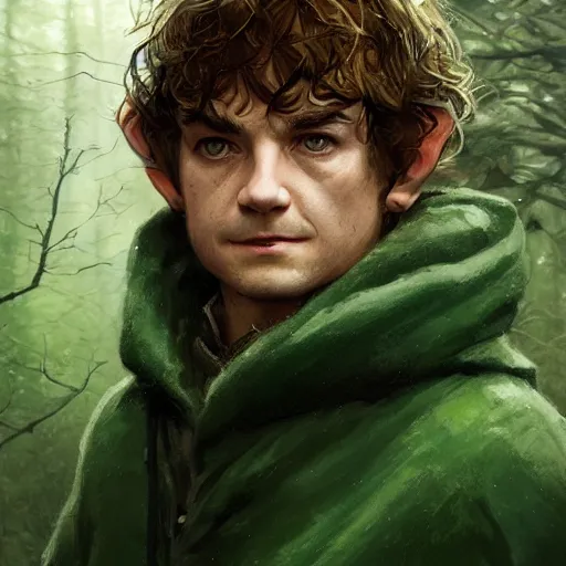Prompt: a portrait of a handsome hobbit rogue wearing a dark green hood and a cloak in the forest, wearing adventure gear, ultra realistic, detailed, masterpiece, short hair cut, buzz cut hair, clean shaven, by Greg Rutkowski, trending on ArtStation
