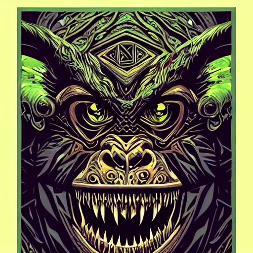 Image similar to barong family member, wiwek, mara demon, one single tribe member, jungle, one single mask, dark, ancient warrior, gorilla, lizard, tribal, inner glow, art by derek riggs and dan mumford and justin gerard