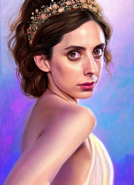 Image similar to Greek goddess Alison Brie in her best gala clothes staring in amusement at you. soft detailed painting at 16K resolution and amazingly epic visuals. epically beautiful image. amazing effect, image looks gorgeously crisp as far as it's visual fidelity goes, absolutely outstanding. vivid clarity. ultra detail. iridescent. mind-breaking. mega-beautiful pencil shadowing. beautiful face. Ultra High Definition. soft shading. soft texture. intensely beautiful.