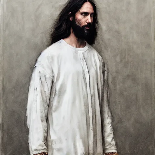 Image similar to a full body lookbook portrait of modern - day jesus wearing virgil abloh off - white menswear and sneaker collection by nicola samori, detailed, realistic oil painting, hyper - realistic, 8 k, off - white collection