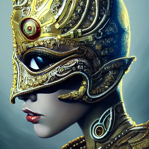 Image similar to Very very very very highly detailed epic photo of full face with beautiful ornamental venetian mask, intricate, dystopian, sci-fi, extremely detailed, digital painting, artstation, concept art, smooth, sharp focus, illustration, intimidating lighting, incredible art by Artgerm and Vincent di Fate and Anton Pieck