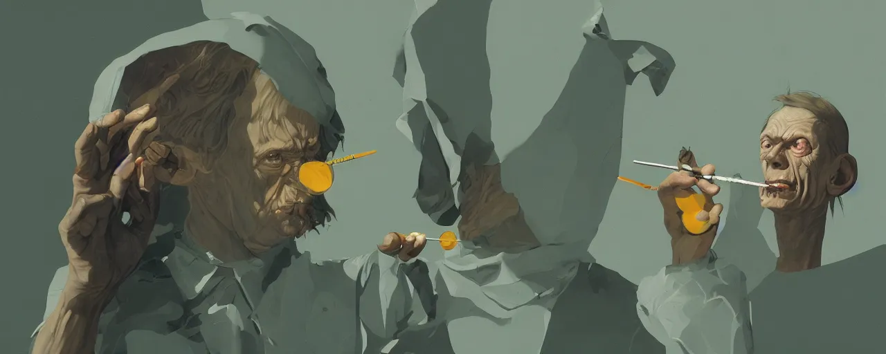 Prompt: duotone olive illustration 3 / 4 portrait of gollum smoking joints with gandalf symmetric composition accidental renaissance golden ratio. by sachin teng and sergey kolesov and ruan jia and heng z. graffiti art, scifi, fantasy, hyper detailed. octane render. concept art. trending on artstation