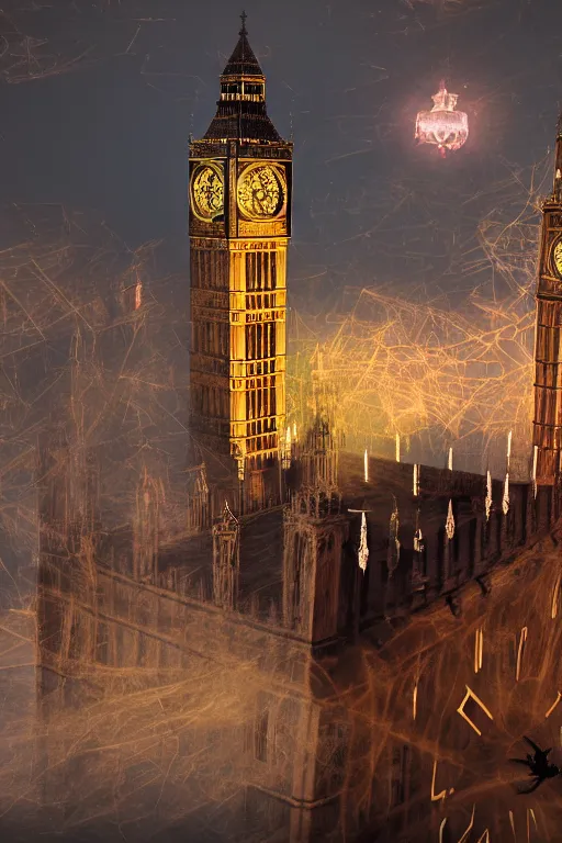 Image similar to highly detailed photography of a ghostly pirate ship flying above big ben. london. intricate, hyper realism, professional digital art, unreal engine 5, 8 k render, sharp focus, trending on art station.