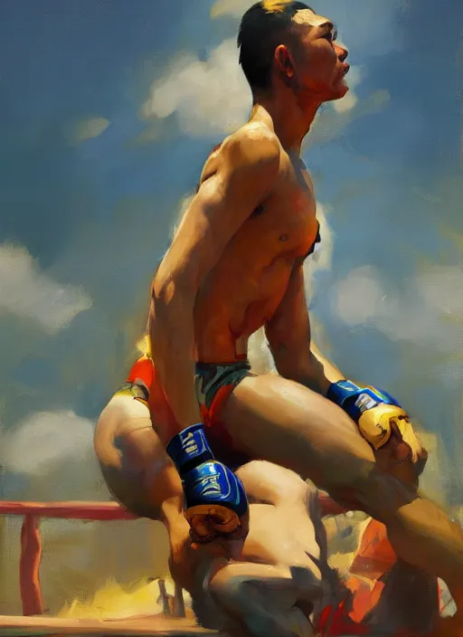 Prompt: greg manchess side portrait of a filipino mma fighter sitting on a tank, organic painting, sunny day, matte painting, bold shapes, hard edges, street art, trending on artstation, by huang guangjian, gil elvgren, ruan jia, randy vargas, greg rutkowski