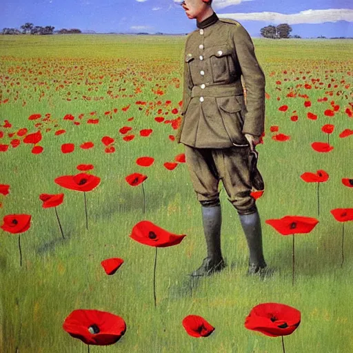 Image similar to world war 1 soldier in a field of giant poppies, surrealist, by robert mcginnis