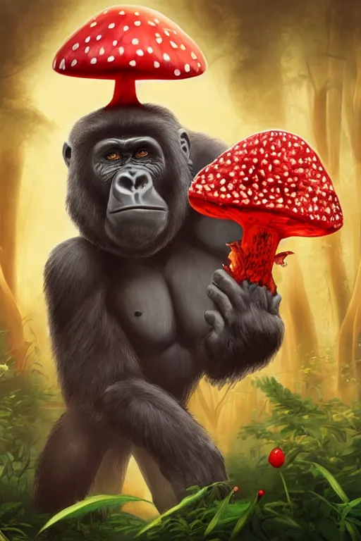 Image similar to gorilla holding an amanita muscaria, sunshine, by alba ballesta gonzalez and moebius. 4 k wallpaper, digital flat 2 d, japan animation, comic book, illustration, cinematic lighting, smooth sharp focus