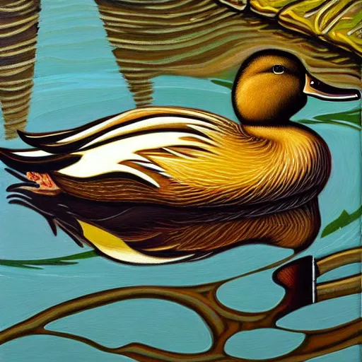 Prompt: a duck on the prowl oil painting neil welliver