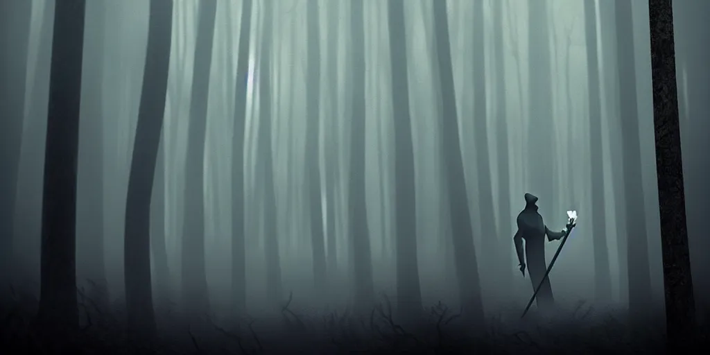 Prompt: a dark foggy forest, a very tall and thin faceless monster standing amongst the trees observing a knight holding a lit torch at it, style of alexandre chaudret, horror, dark fantasy, high detail, artstation