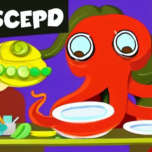 Prompt: anthropomorphic octopus chef cooking a delicious colorful soup, digital painting, youtube video thumbnail