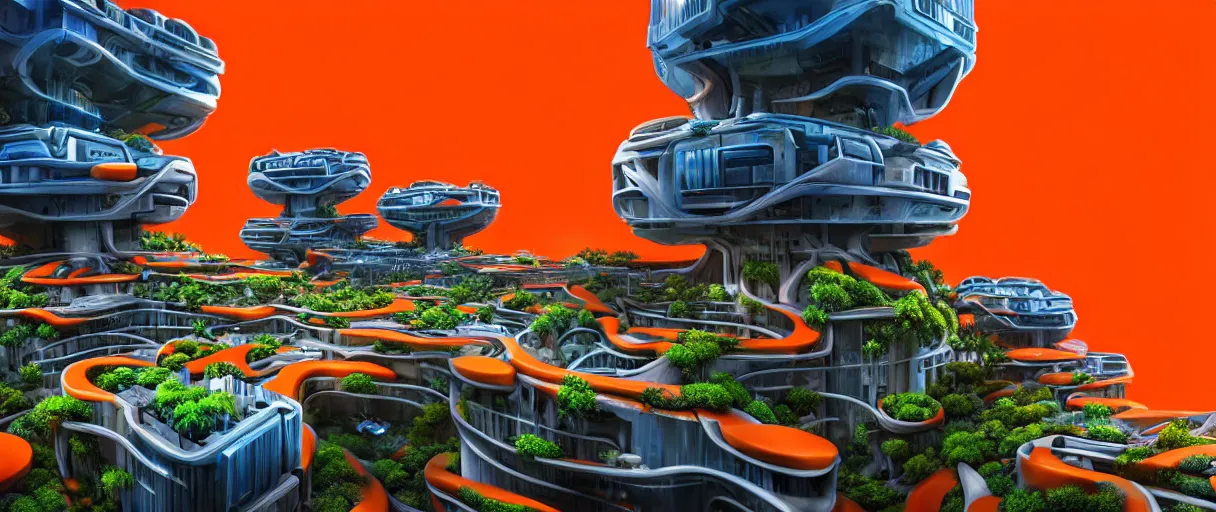 Image similar to hyperrealistic hyper detailed wide shot of low brow futuristic bio colony with brutalist architecture and carnivorous plants matte painting concept art key sage jeff koons very dramatic orange and blue lighting high angle hd 8k sharp shallow depth of field