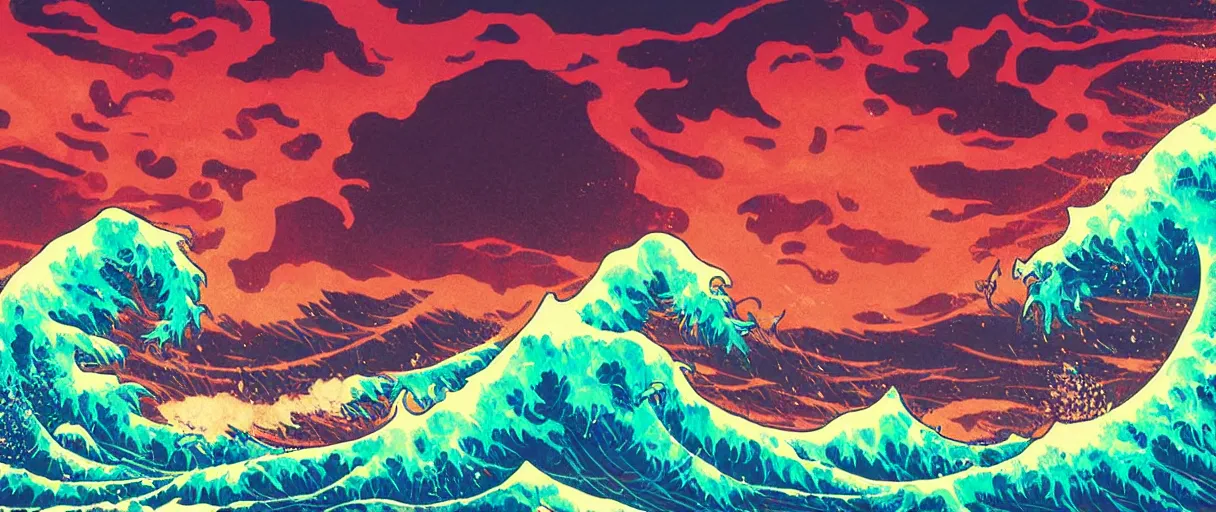 Prompt: kaiju rising out of great wave of kanagawa, water, river, sea, cyberpunk, neon, dramatic lighting style of Laurie Greasley and Satoshi Kon + symmetric lights and smoke, psychedelic effects, glowing particles, neon rain, comic