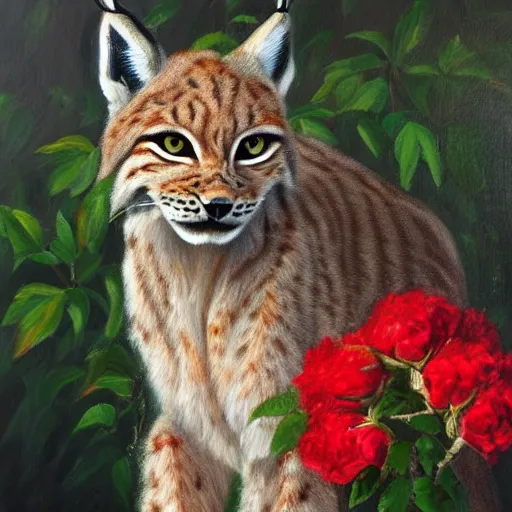 Image similar to an oil painting of a lynx waring a crown of roses, high quality art,