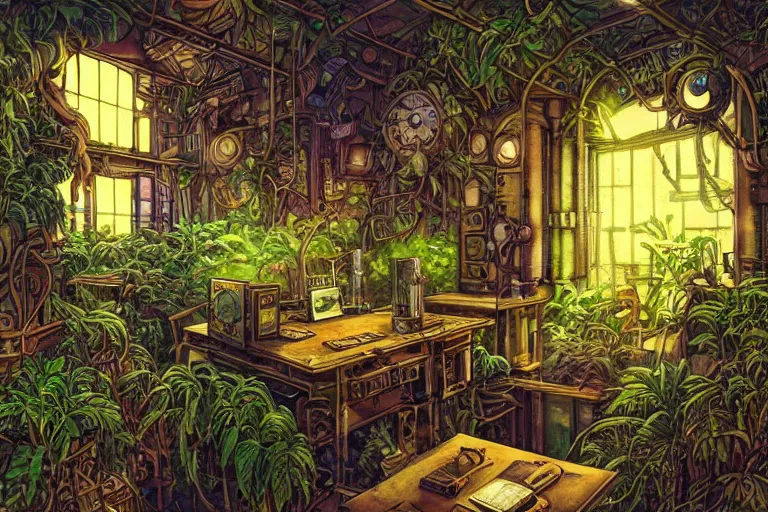 Prompt: Small desk at night with desklamp inside an enormous steampunk machine room with lush vegetation growing around the machines, tropical trees, large leaves, flowers, beautiful starry night sky through the windows, beatifully lit, vivid colors, hyper detailed painting, hyperrealism, vintage science fiction illustration, Studio Ghibli, Rebecca Guay