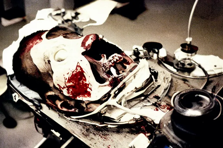 Image similar to filmic wide shot dutch angle movie still 35mm film color photograph of a doctor with his face completely torn off, eyeballs hanging out of his skull, drenched in blood lying on his back on a science lab floor in the style of a 1982 horror film