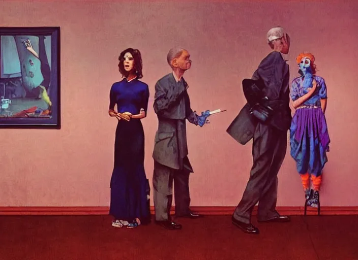 Prompt: a still from the tv series twin peaks by francis bacon, surreal, norman rockwell and james jean, greg hildebrandt, and mark brooks, triadic color scheme, by greg rutkowski, syd mead and edward hopper and norman rockwell and beksinski, dark surrealism, orange and turquoise and purple and pink