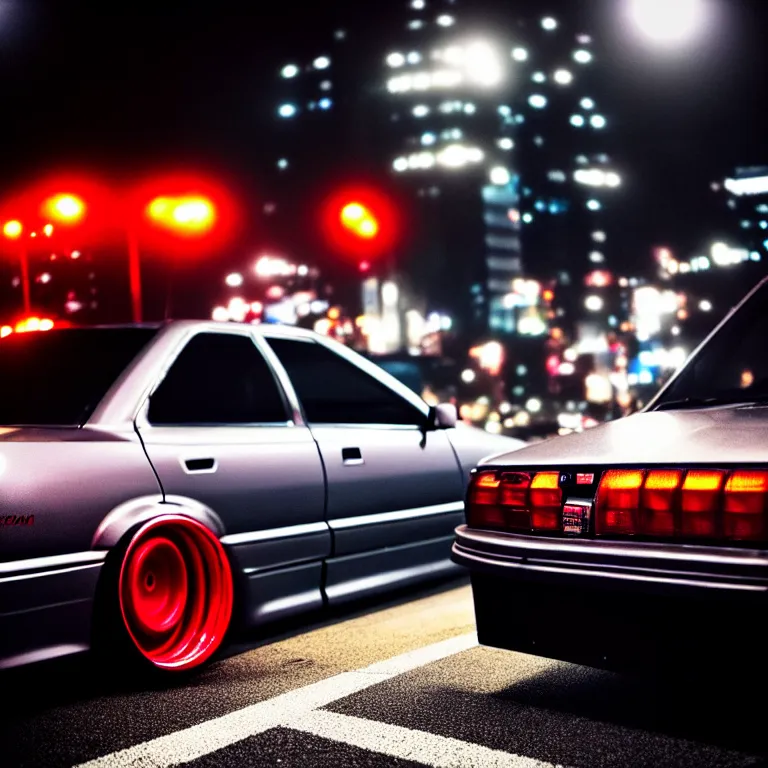 Prompt: close-up-photo Nissan Cefiro turbo illegal roadside meet photos, work-wheels, Shibuya Shibuya, cinematic colors, photorealistic, highly detailed, night photography