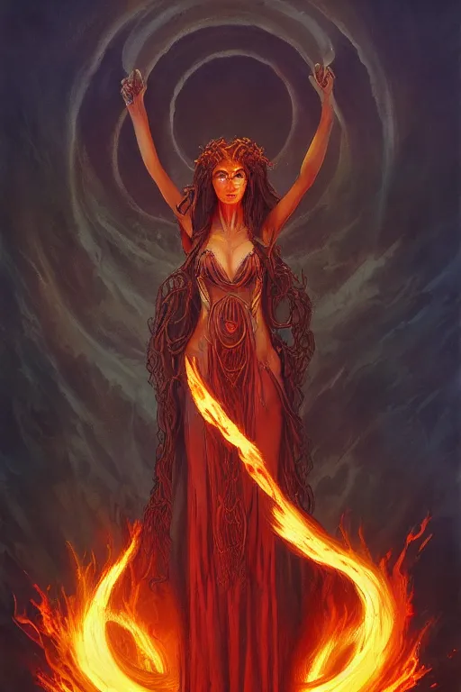 Image similar to beautiful powerful symmetrical gothic goddess of fire stands in a vortex of fire, matte fantasy painting, dynamic gel lighting, by Brom