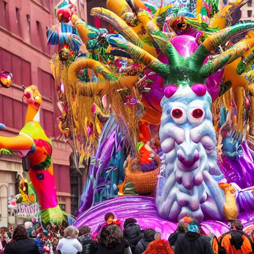 Prompt: photo of giant parade float by lisa frank and hr giger in the macys thanksgiving parade, detailed 4 k photo