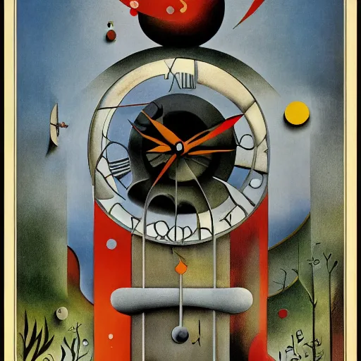 Image similar to futuristic abyssal 1 9 2 0's reservoir fractal warbler clock palm courtyard, by joan miro and monsu desiderio and anton pieck, movie poster, lowbrow, trending on cgsociety